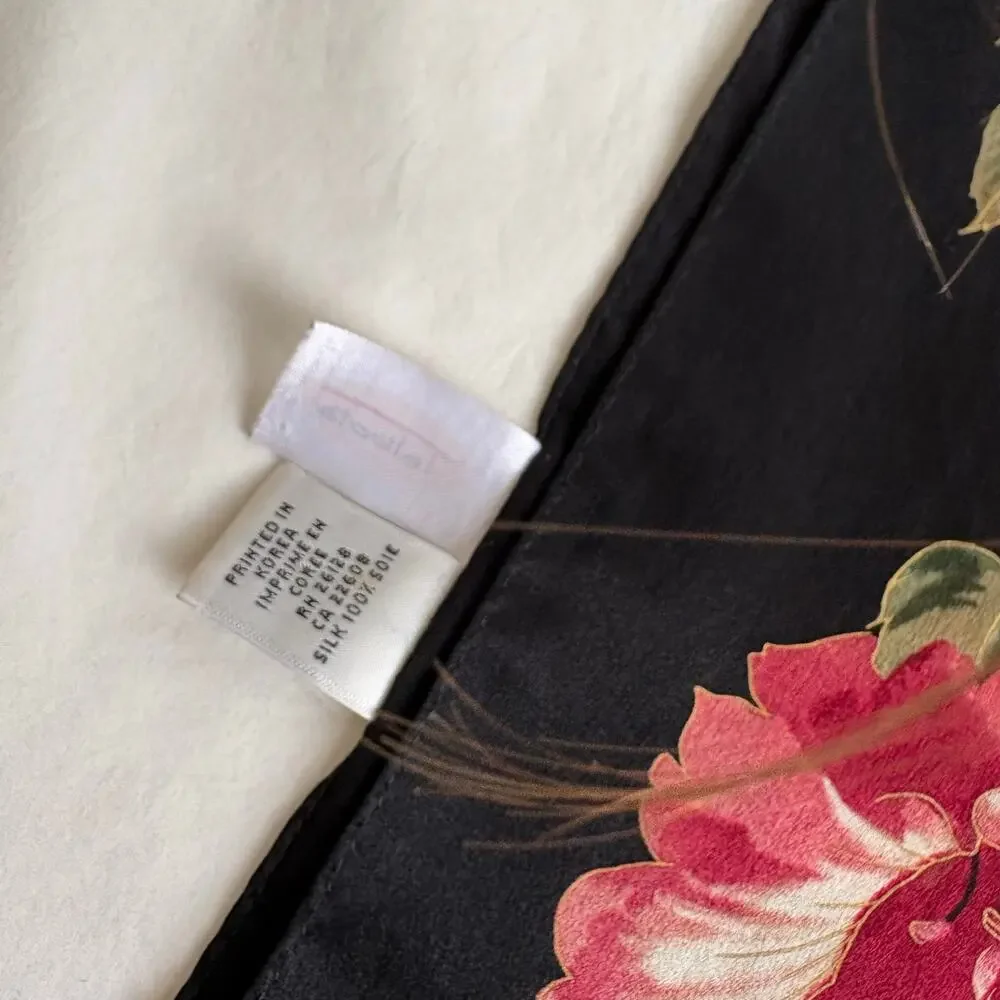 Vintage Talbots 100% Silk Floral Square Scarf Black Pink